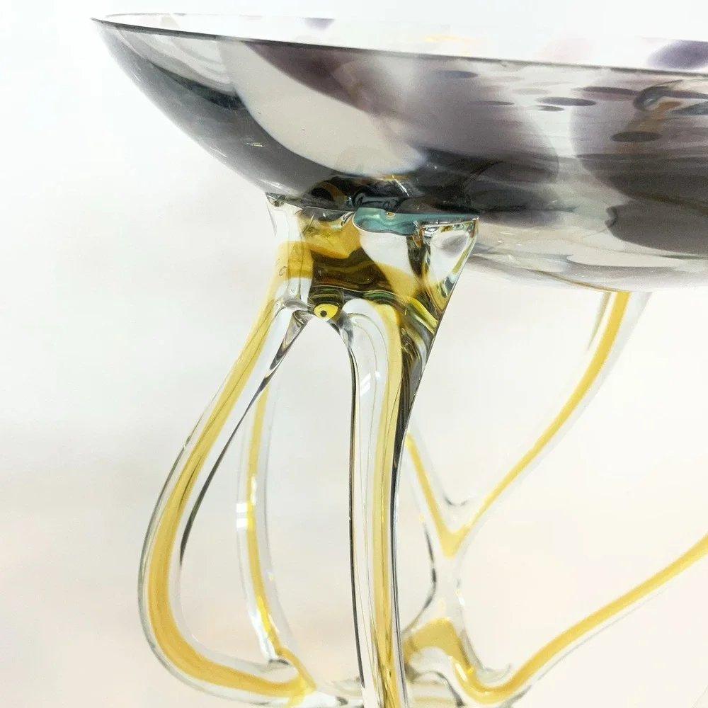 Vintage Jozefina Krosno Poland Cobalt Art Glass Jellyfish Pedestal Bowl 9